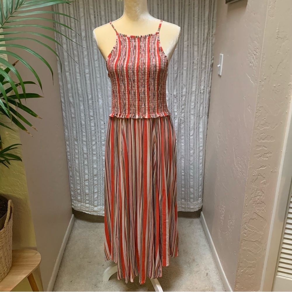 Angie racerback, red, tan black, and white stripe sundress
